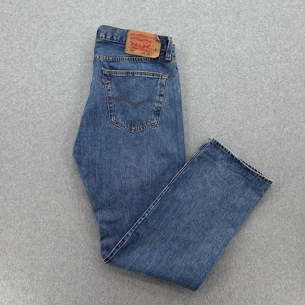 Levis 501 Original Button Fly Jeans Men 36x32 Straight Leg Blue Denim Irregular - Picture 16 of 16